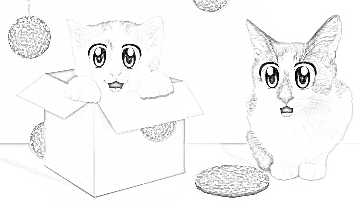 На раскраске изображено: Кот, Коробка, Мячи, Большие глаза, Сидящий кот, Аниме