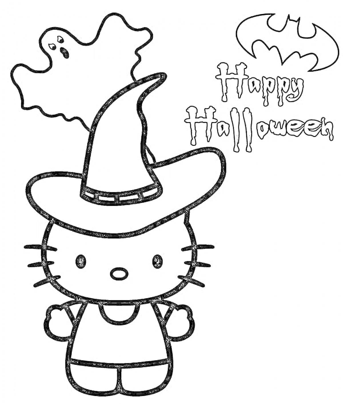 Раскраска Hello Kitty в шляпе ведьмы, призрак, эмблема летучей мыши, надпись Happy Halloween