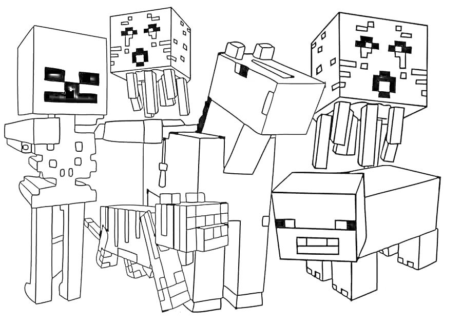 Раскраска Скелет, гаст, лошадь, кот, гаст и свинья из Minecraft