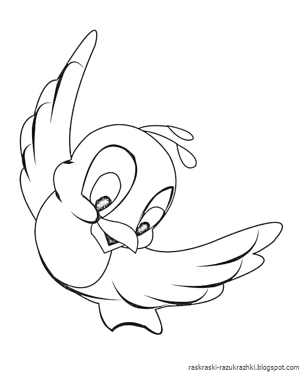 Раскраска Летящая улыбающаяся птичка с поднятым крылом