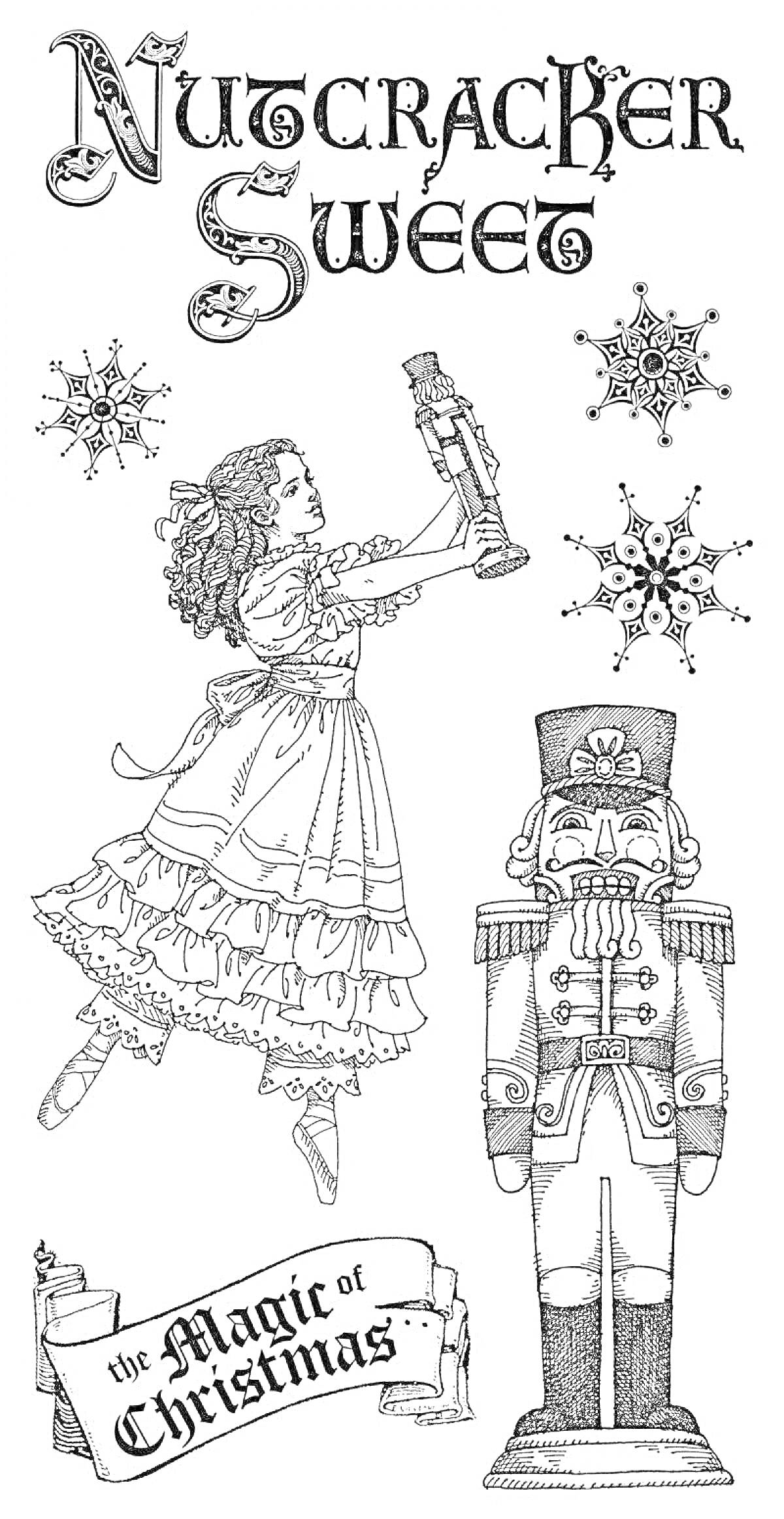 Раскраска Nutcracker Sweet, девочка в платье, держащая щелкунчика, снежинки, щелкунчик, лента с надписью 