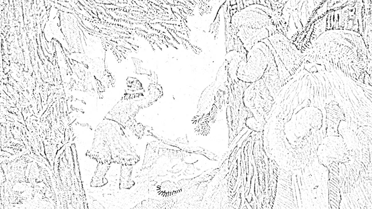 На раскраске изображено: Два Мороза, Дровосек, Зимний лес, Шапка, Шуба, Снег