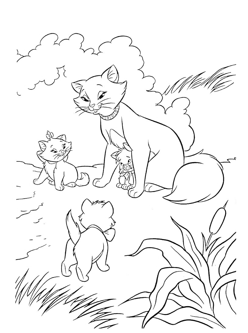 Раскраска Кошка с тремя котятами на природе, вокруг кусты и трава