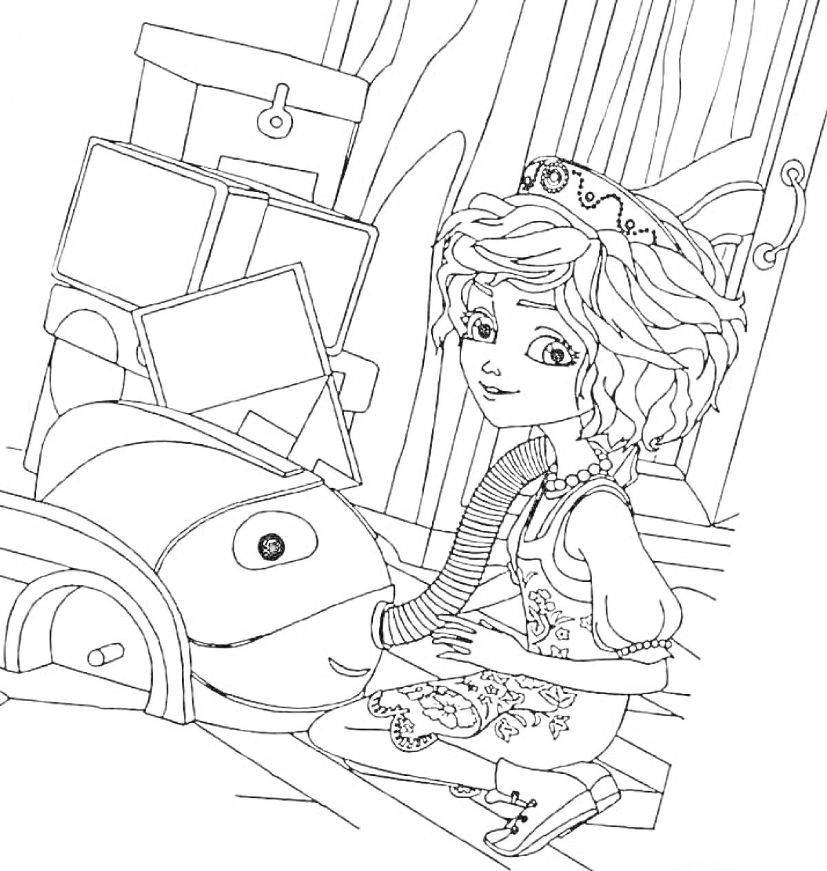 Раскраска Девочка-царевна с автоматическим пылесосом на фоне дома