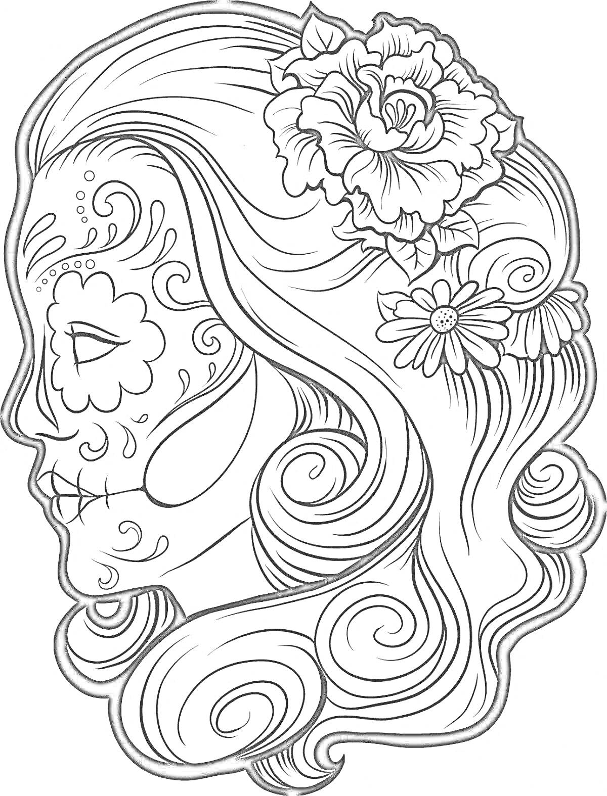 Раскраска Профиль девушки с цветами в волосах и узорами на лице
