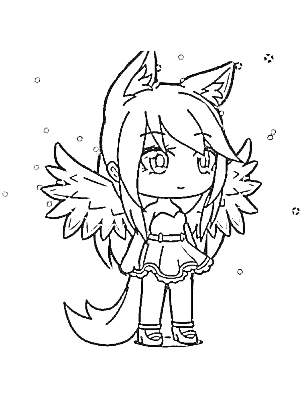 Раскраска Девочка с ушками, крыльями и хвостом на фоне снега