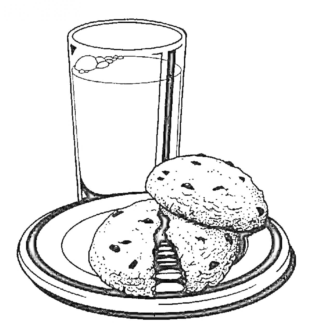 Раскраска Стакан молока и две булочки на тарелке