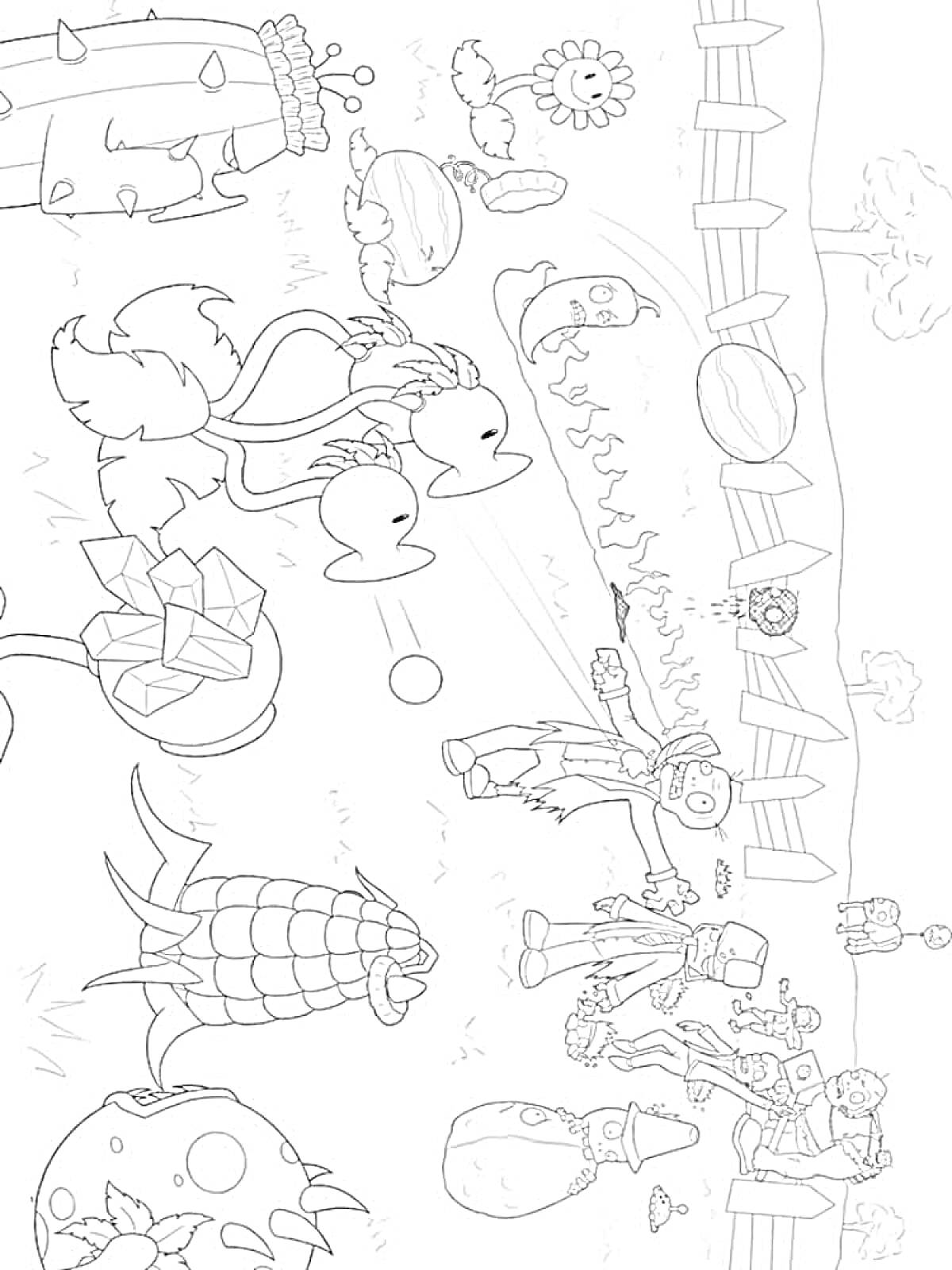 Раскраска Зомби против растений - Зомби, растения, забор, дерево, кактус, подсолнух, капуста, чеснок, кукуруза, костюмированные зомби