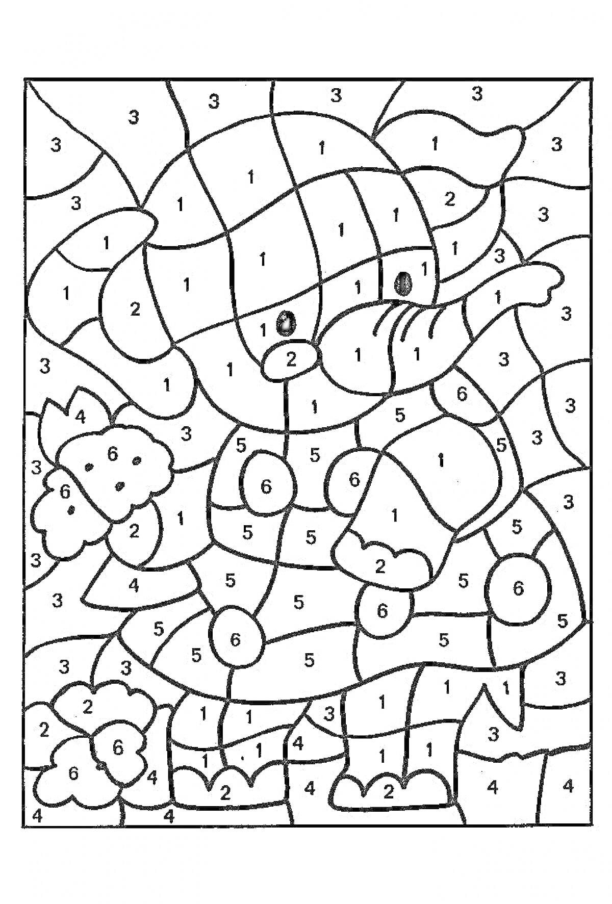 На раскраске изображено: Слон, По цифрам, Цветы, Животные