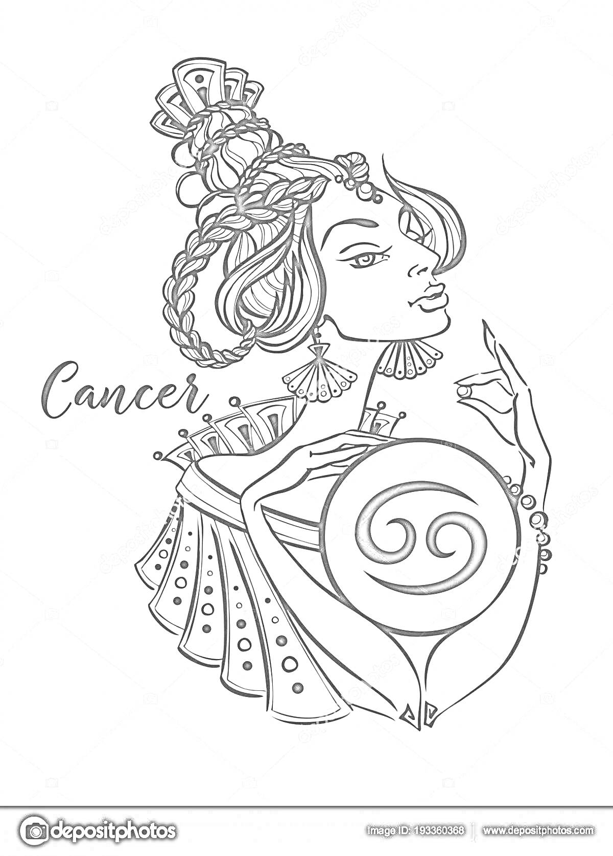 На раскраске изображено: Рак, Астрология, Женщина, Серьги