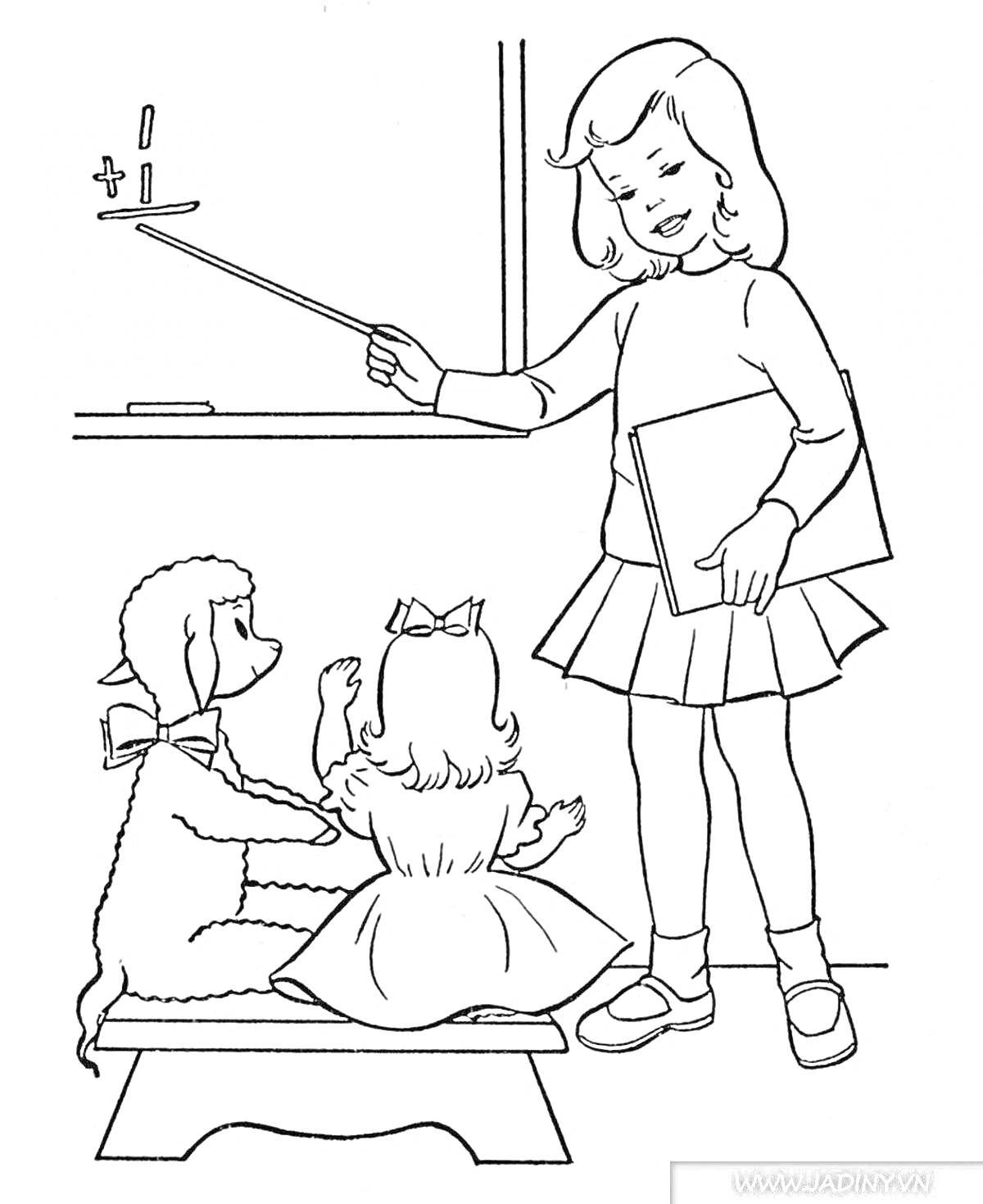 Раскраска Воспитательница детского сада с указкой и учениками у доски