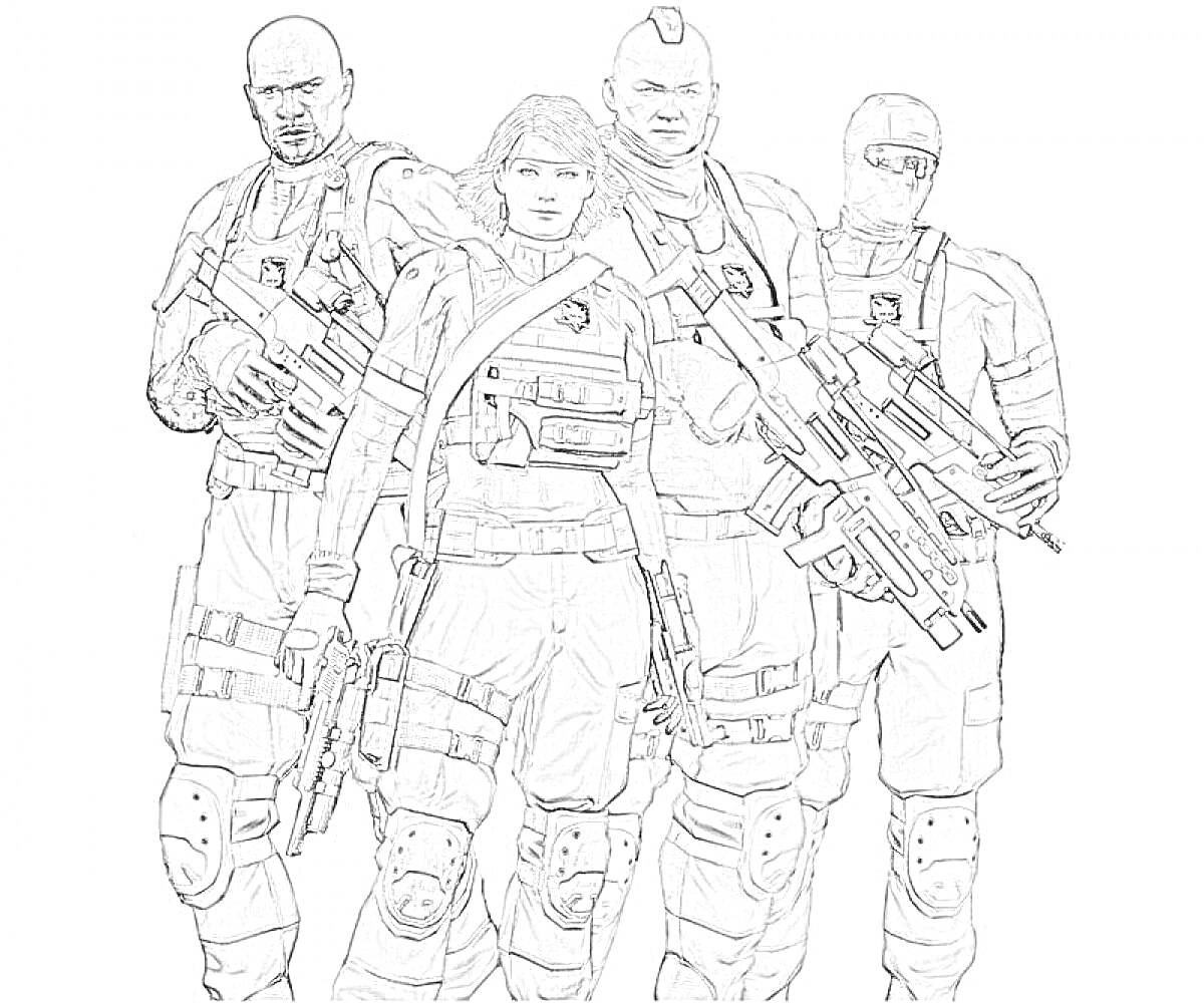 Раскраска Четыре спецназовца с оружием в защитной экипировке