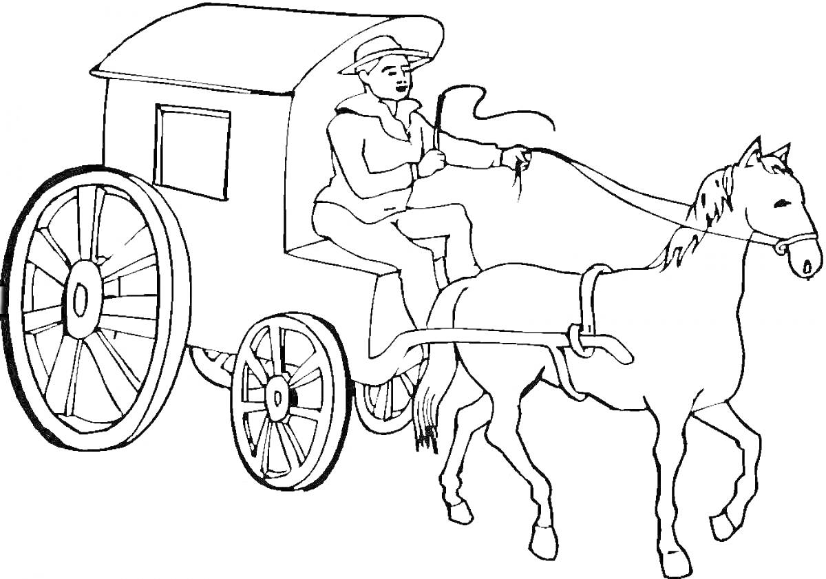 На раскраске изображено: Карета, Лошадь, Колеса, Упряжка