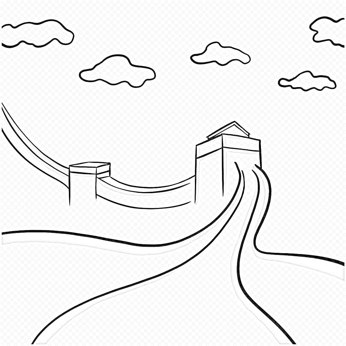 На раскраске изображено: Великая Китайская стена, Башни, Дороги, Облака, Небо, Архитектура, Китай, Стена