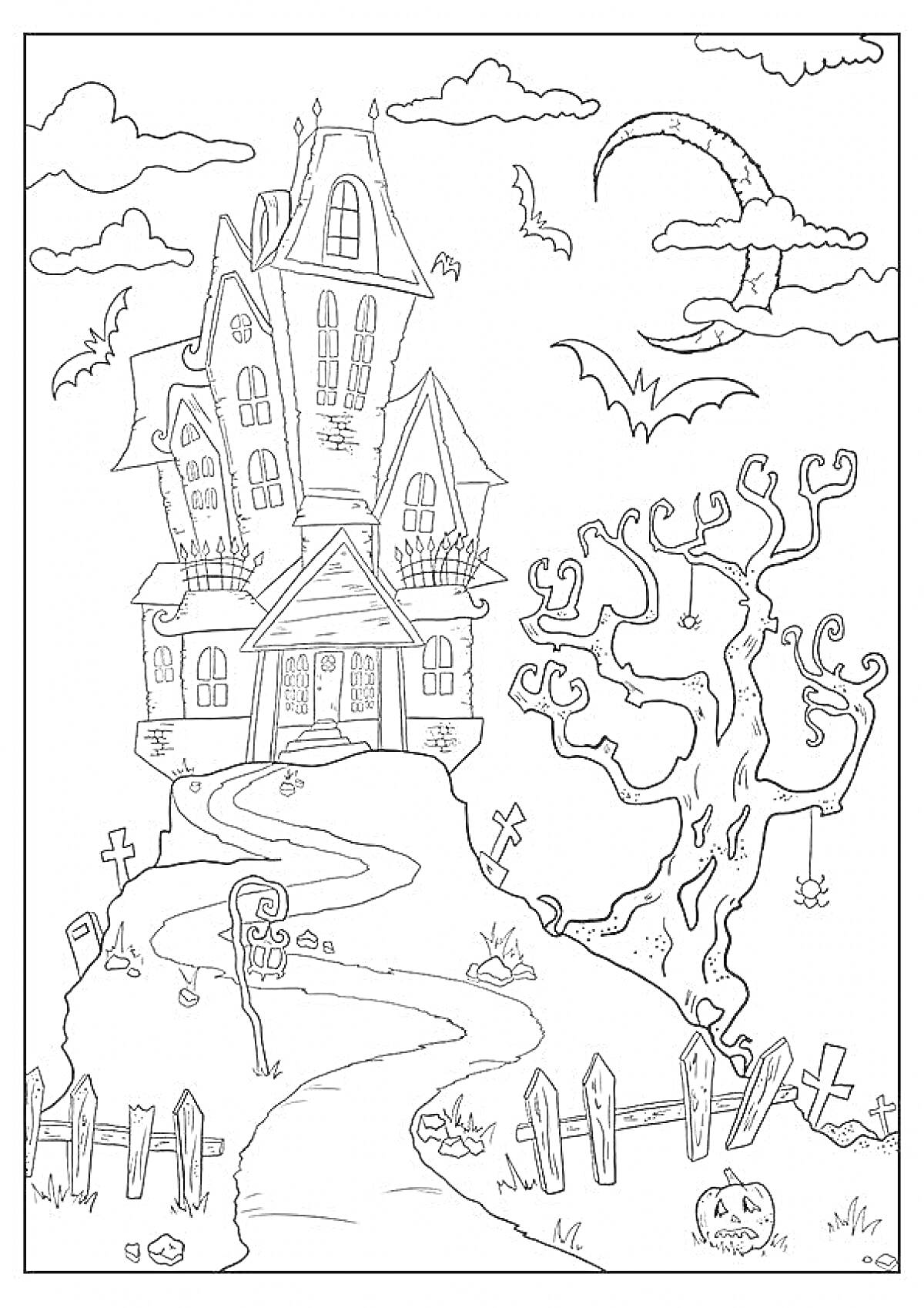 На раскраске изображено: Дом, Привидения, Призрак, Могила, Луна, Летучая мышь, Тыква, Ворота, Забор, Облака, Крест
