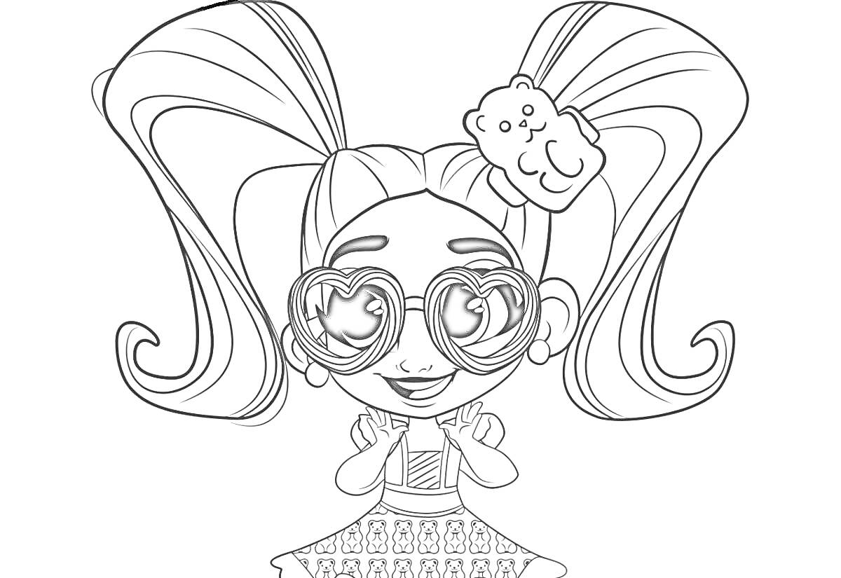 Раскраска Девочка с двумя хвостиками, сердечными очками и заколкой в виде мишки