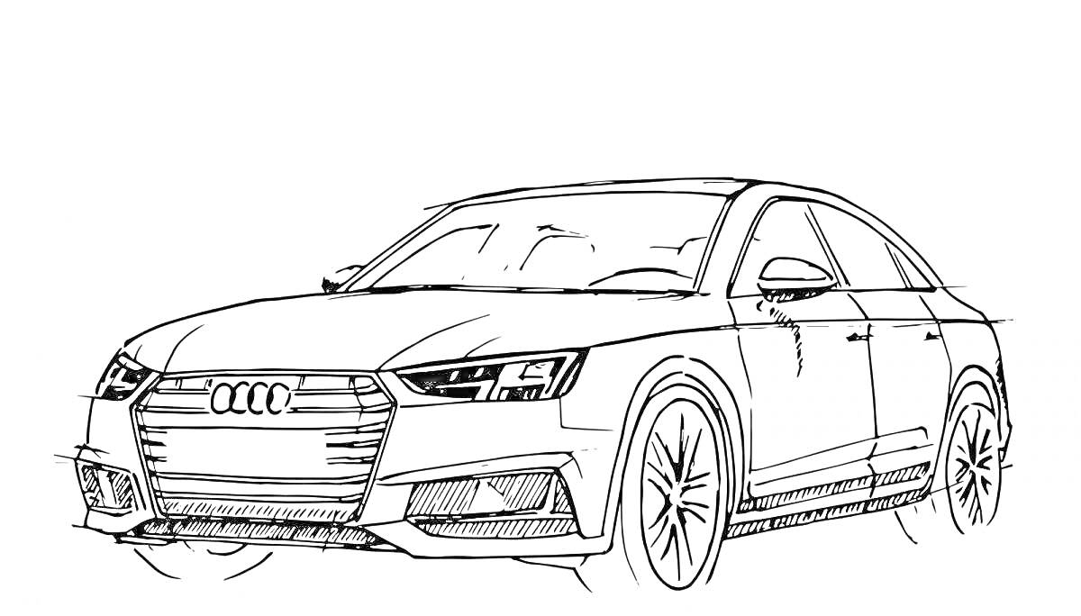 Раскраска Рисунок с изображением автомобиля Audi A6 с передним бампером, решеткой радиатора, фарами, колесами и дверьми, вид сбоку