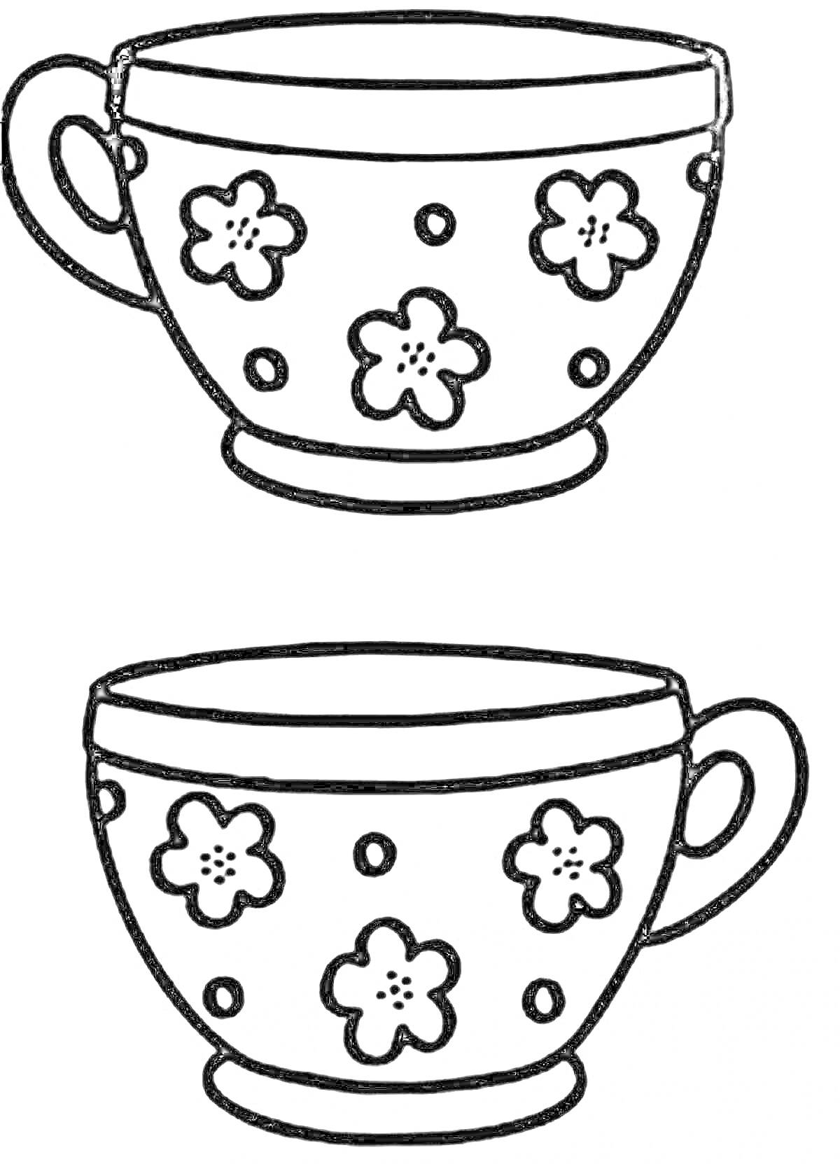 Раскраска Две кружки с цветочным орнаментом и точками