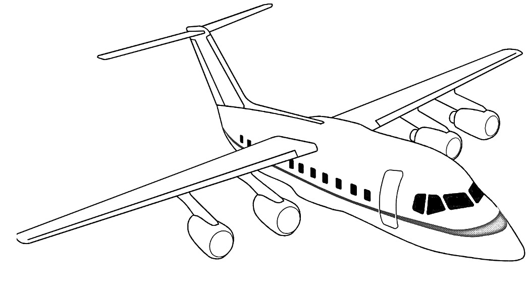 Раскраска Пассажирский самолет с четырьмя двигателями, иллюстрация для раскрашивания