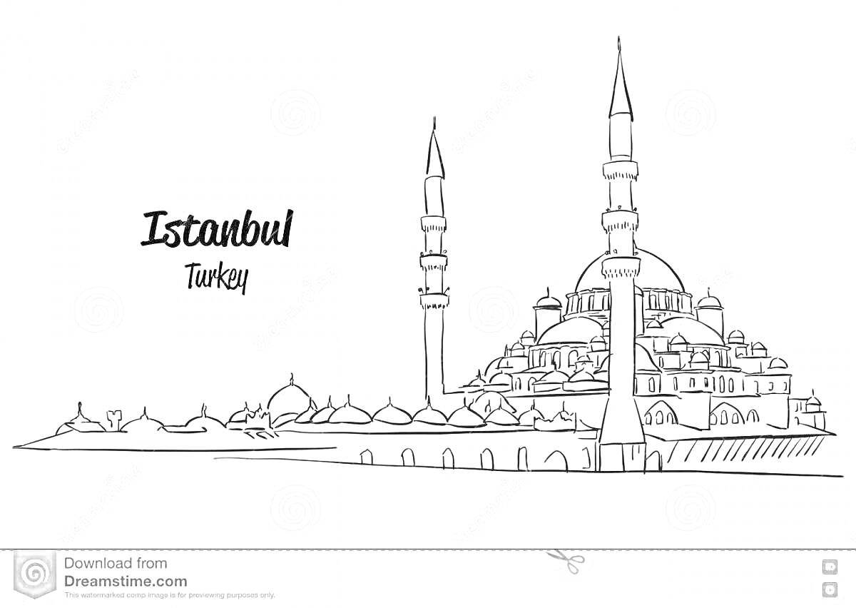 На раскраске изображено: Турция, Мечеть, Минареты, Архитектура, Городской пейзаж