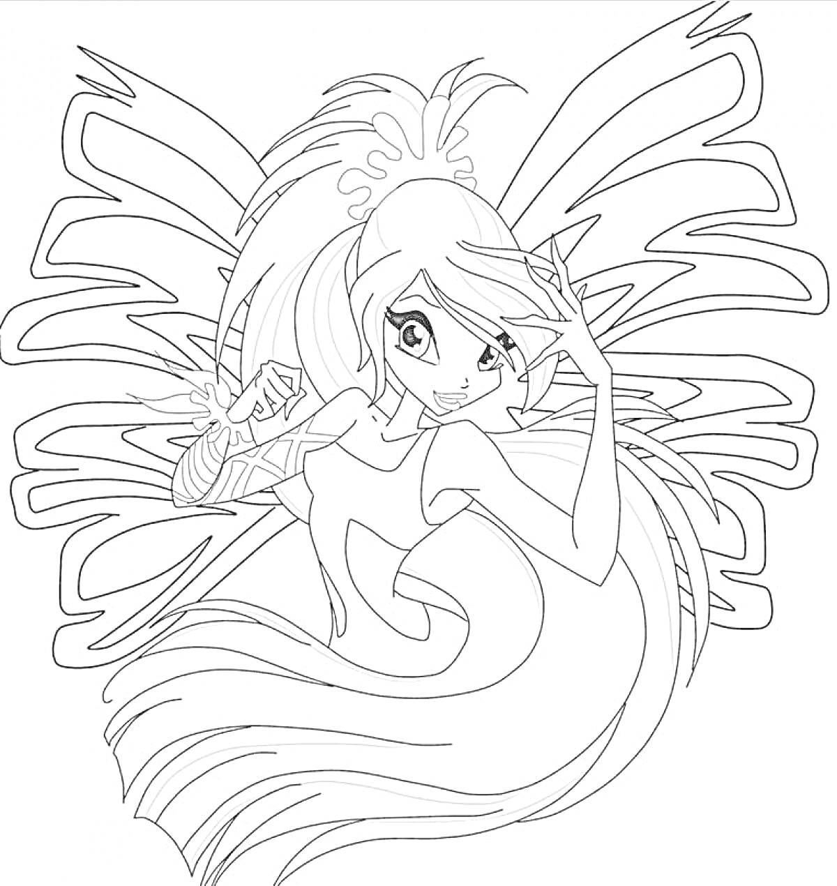 Раскраска Фея Винкс в трансформации Сиреникс с длинными распущенными волосами и большими крыльями в динамичной позе