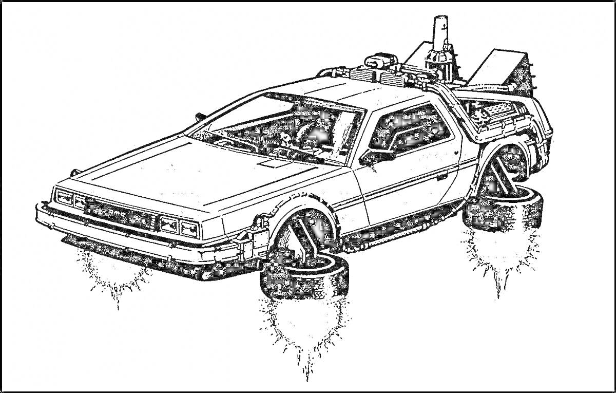 На раскраске изображено: Делориан, Машина времени, Полет