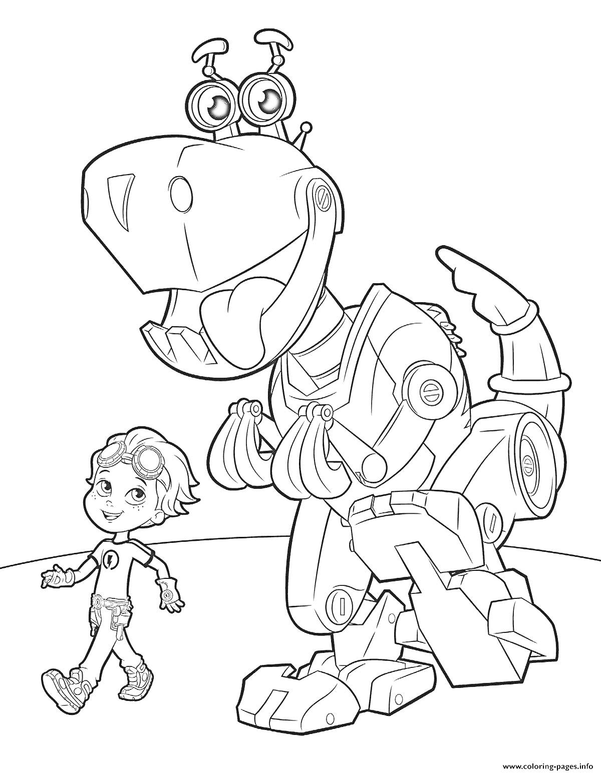 Раскраска Человек рядом с дружелюбным роботом-динозавром