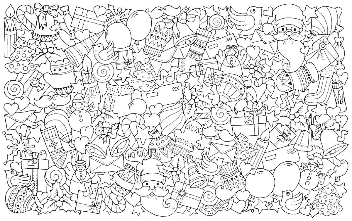 Раскраска Праздничная мозаика с Дедом Морозом, подарками, елочными шарами, сердцами, звездочками, елочками, конфетами, свечками, животными и другими мелкими праздничными деталями.