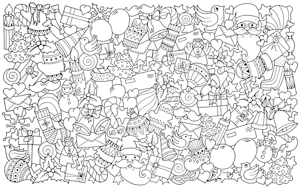 На раскраске изображено: Дед Мороз, Подарки, Конфеты, Свечки, Мелкие детали, Мозаика, Животные, Ёлки, Елочный шар, Звезды, Праздники, Сердца