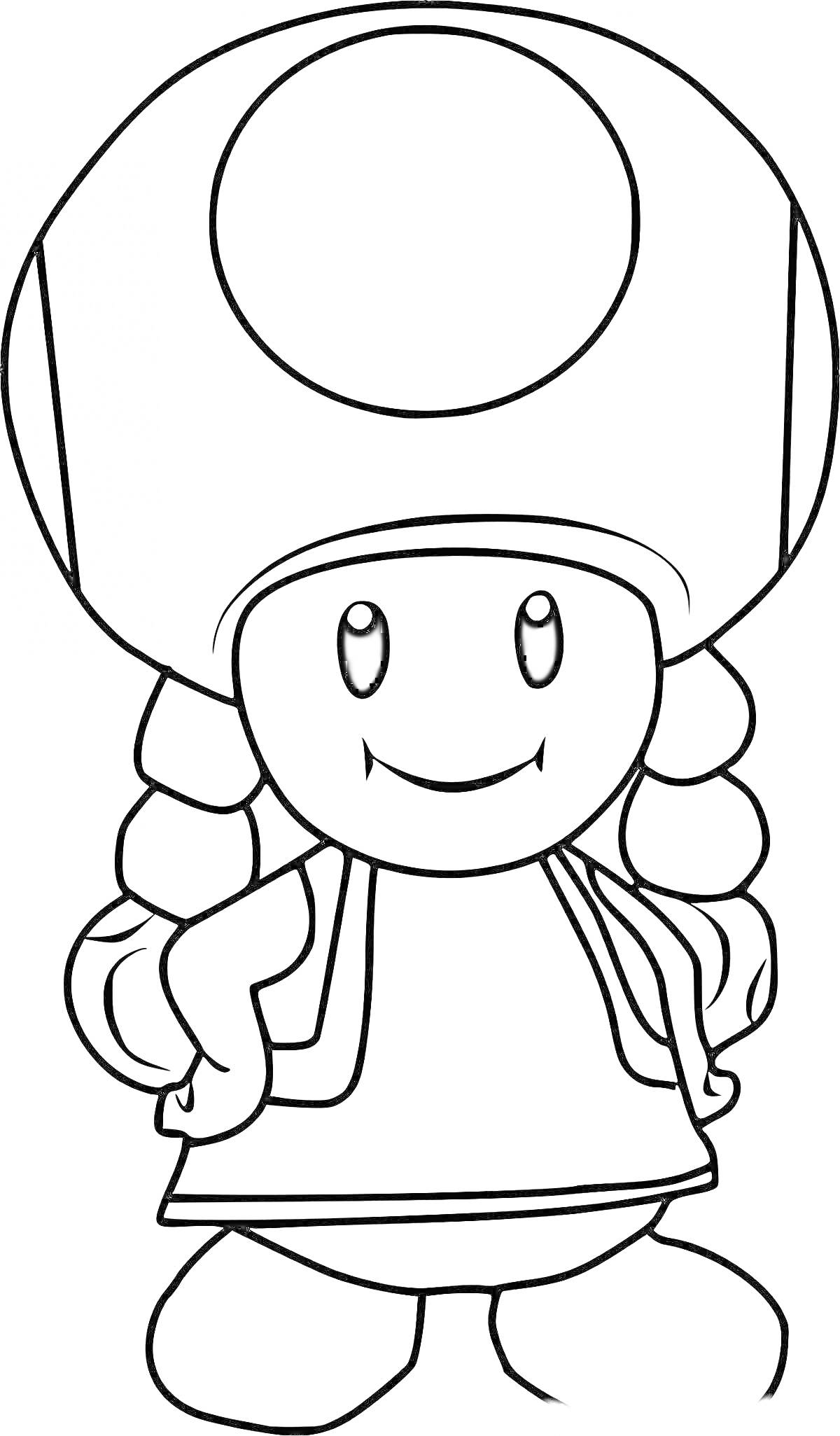 Раскраска Гриб Марио с косичками, большой шляпкой и жилетом