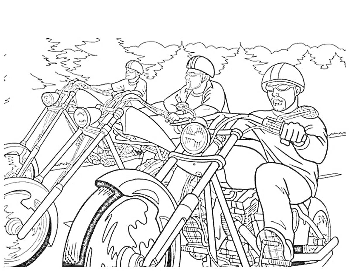 На раскраске изображено: Мотоцикл, Мотоциклист, Деревья, Природа, Езда