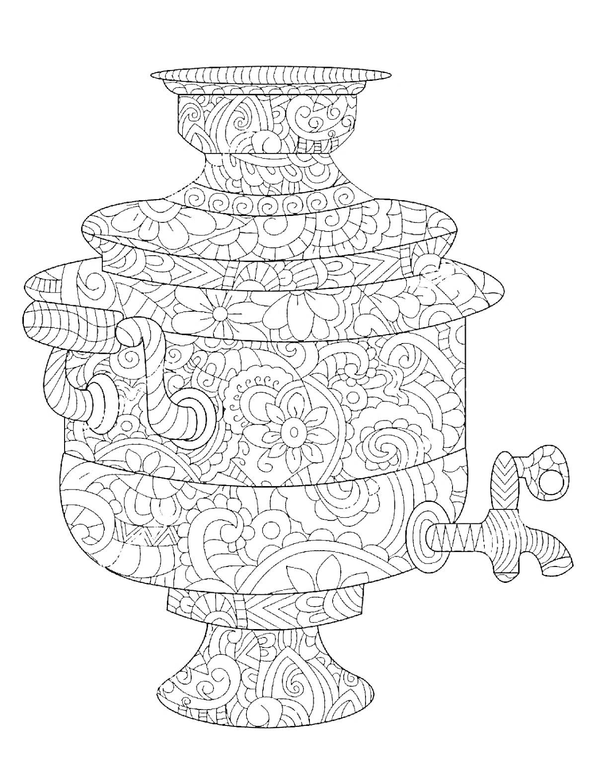 На раскраске изображено: Самовар, Цветочный узор, Чай, Художественный дизайн, Кривые линии, Цветы