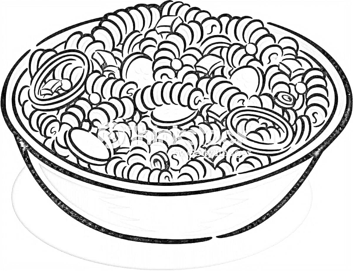 Раскраска миска с спиральными макаронами и кольцами