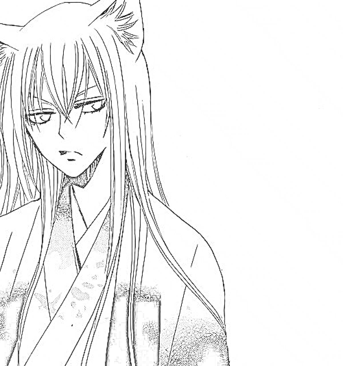 Раскраска Раскраска с изображением парня с длинными волосами и кошачьими ушами в традиционной японской одежде
