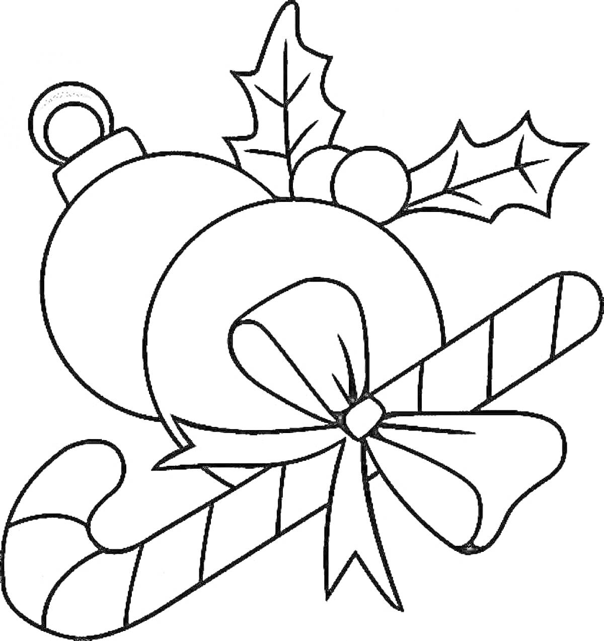 Раскраска Новогодние украшения с леденцом, ёлочными шарами, остролистом и бантом