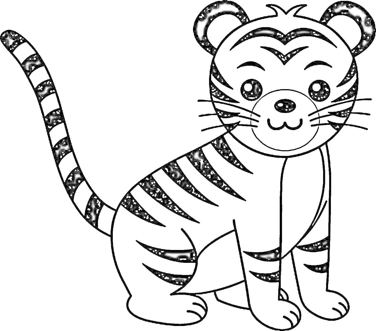 Раскраска тигр с полосками, сидящий тигрёнок