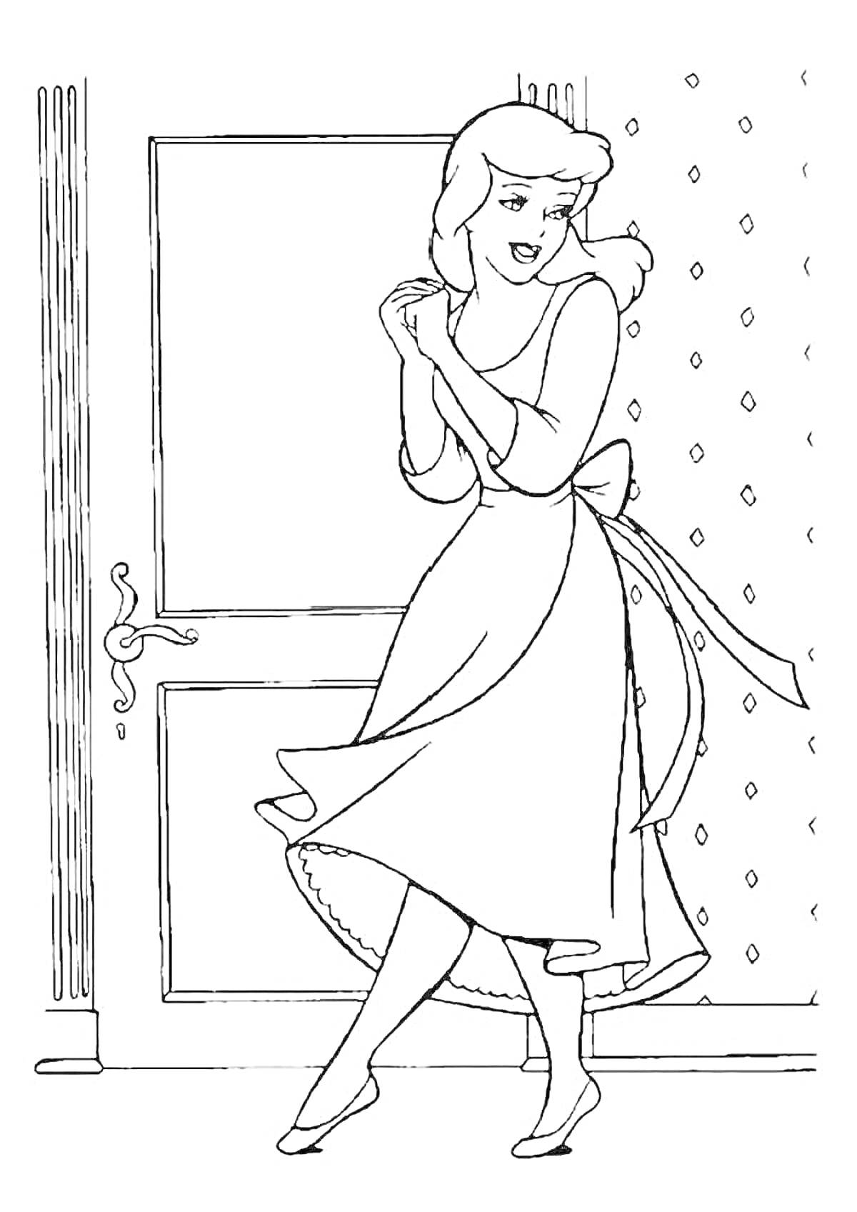 На раскраске изображено: Женщина, Платье, Дверь, Узоры, Стена, Цветы