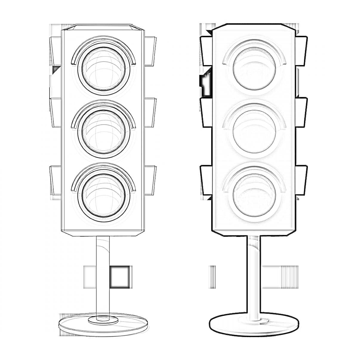 Два светофора на стойке - один черно-белый контур, другой в серых тонах