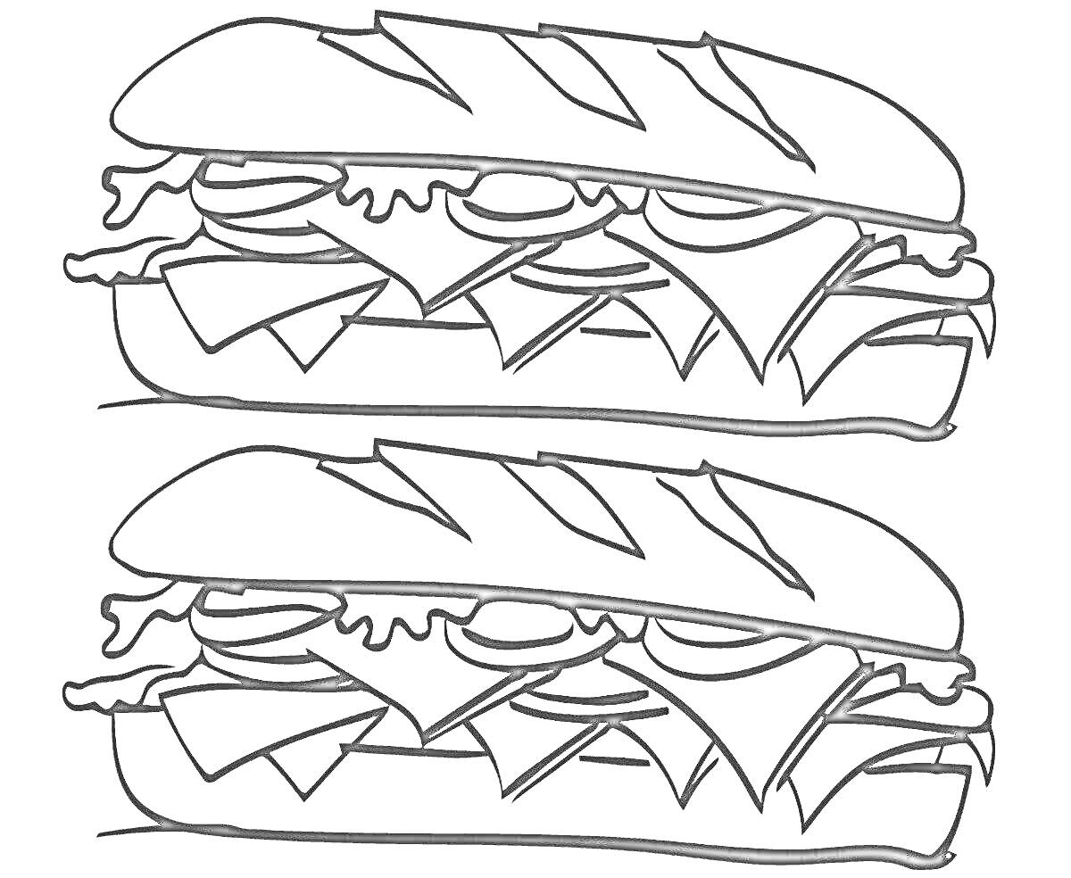 На раскраске изображено: Сэндвич, Багет, Овощи, Сыр, Салат, Лук, Томаты
