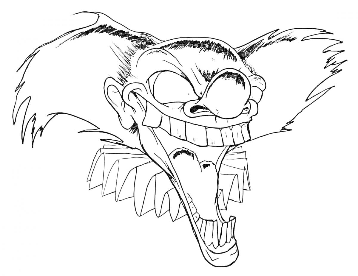 Голова жуткого клоуна с острыми зубами и растрёпанными волосами