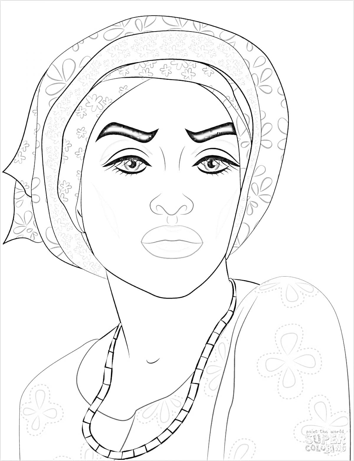 Раскраска Портрет женщины в платке с узорами и ожерельем