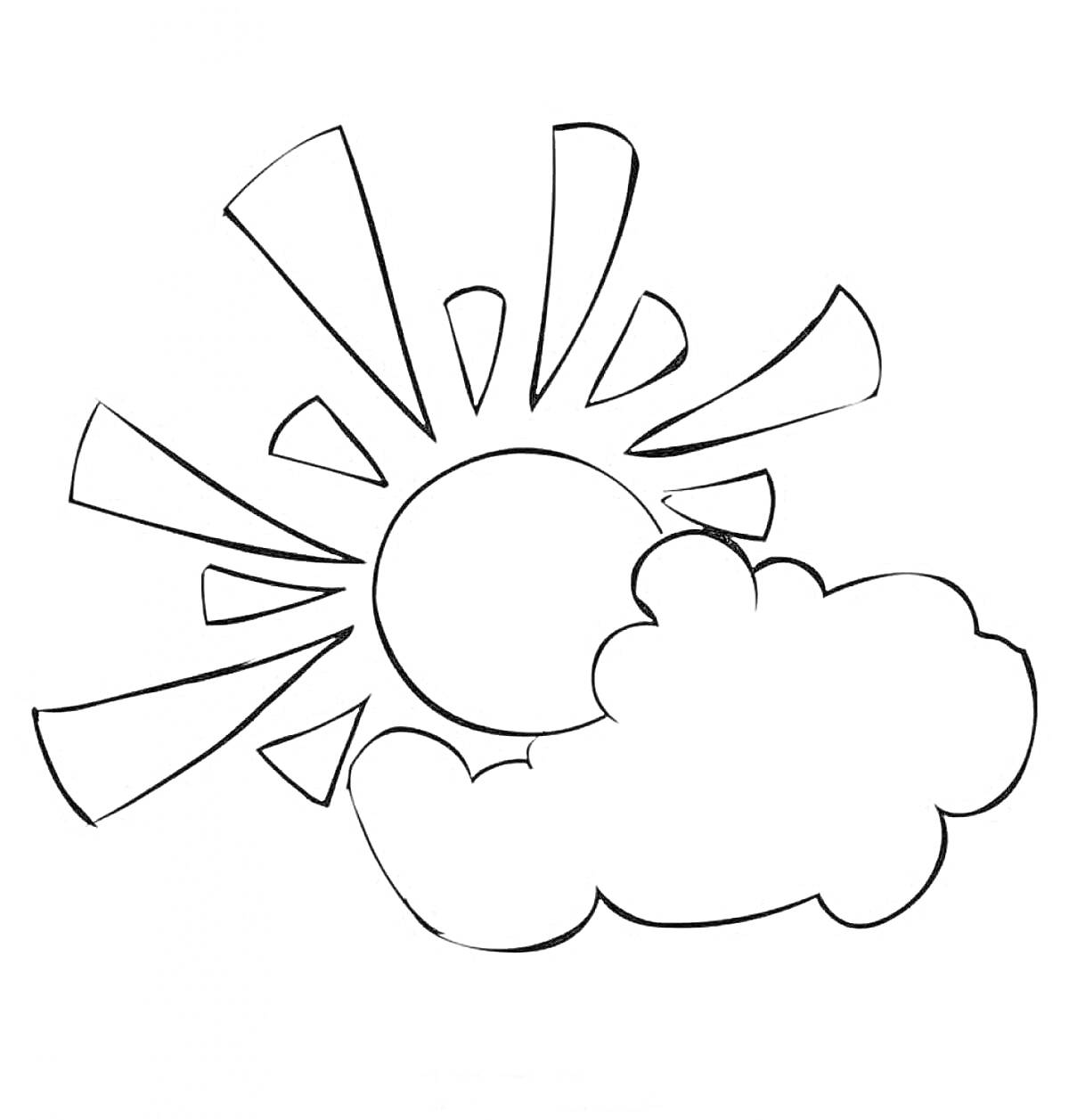 На раскраске изображено: Солнце, Лучи, Природа, Для детей, Облака
