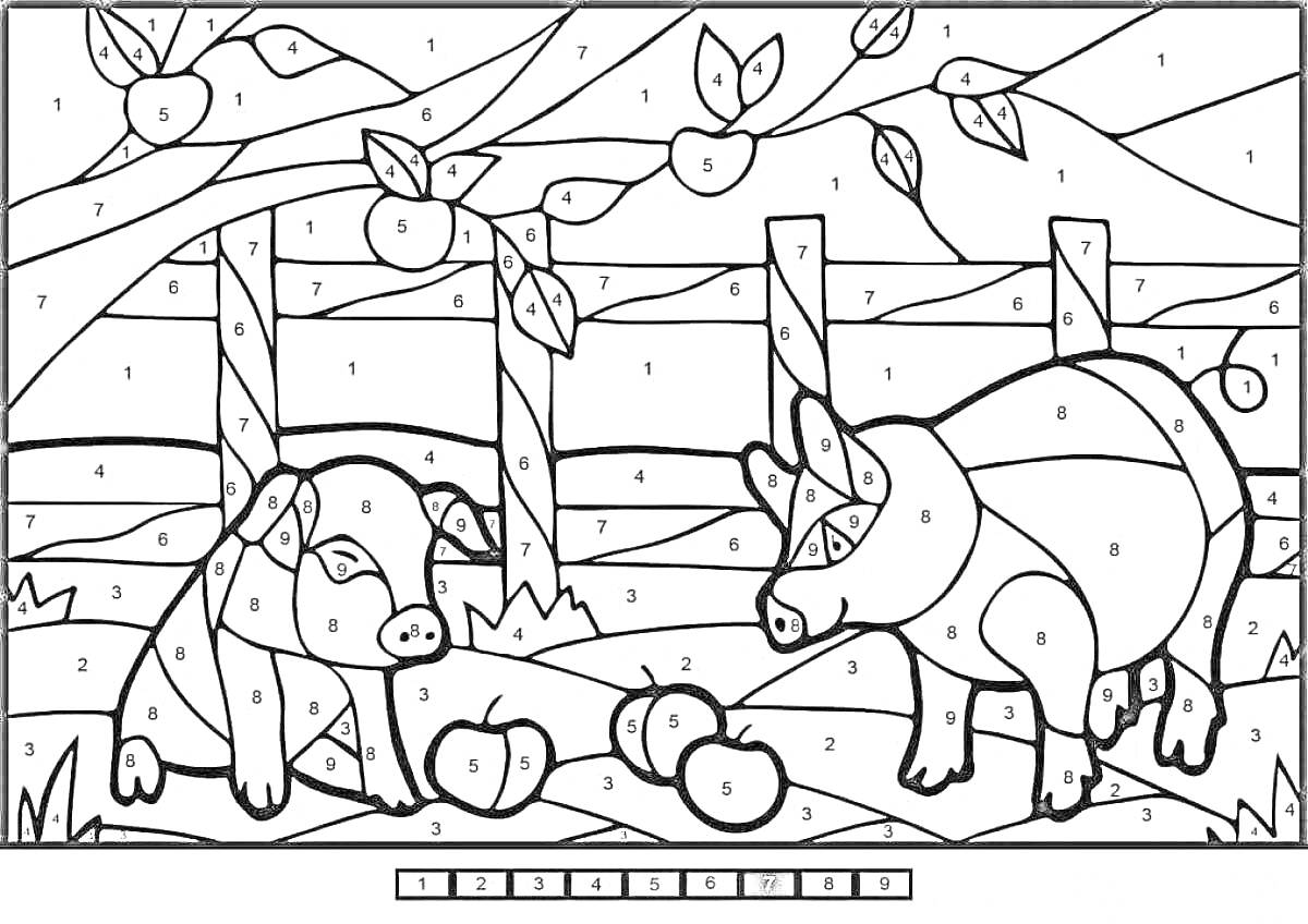 На раскраске изображено: Свиньи, Забор, Листья, Природа, Ферма, Творчество, Яблоко, Деревья
