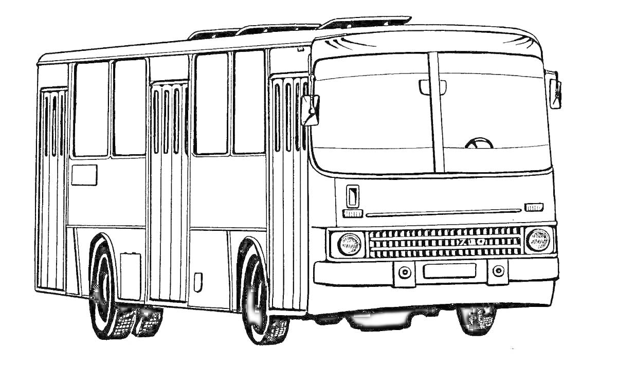 Раскраска Автобус, городской транспорт, вид с фронта, прорисованы окна, двери, колеса и передняя часть