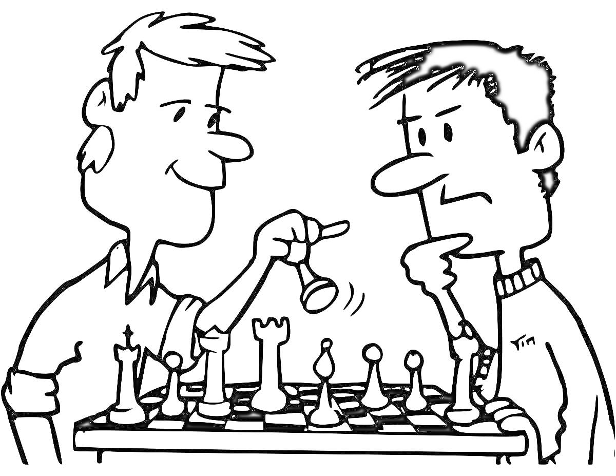 На раскраске изображено: Игра, Шахматы, Доска, Фигуры, Взаимодействие, Спорт, Стратегия, Мужчина