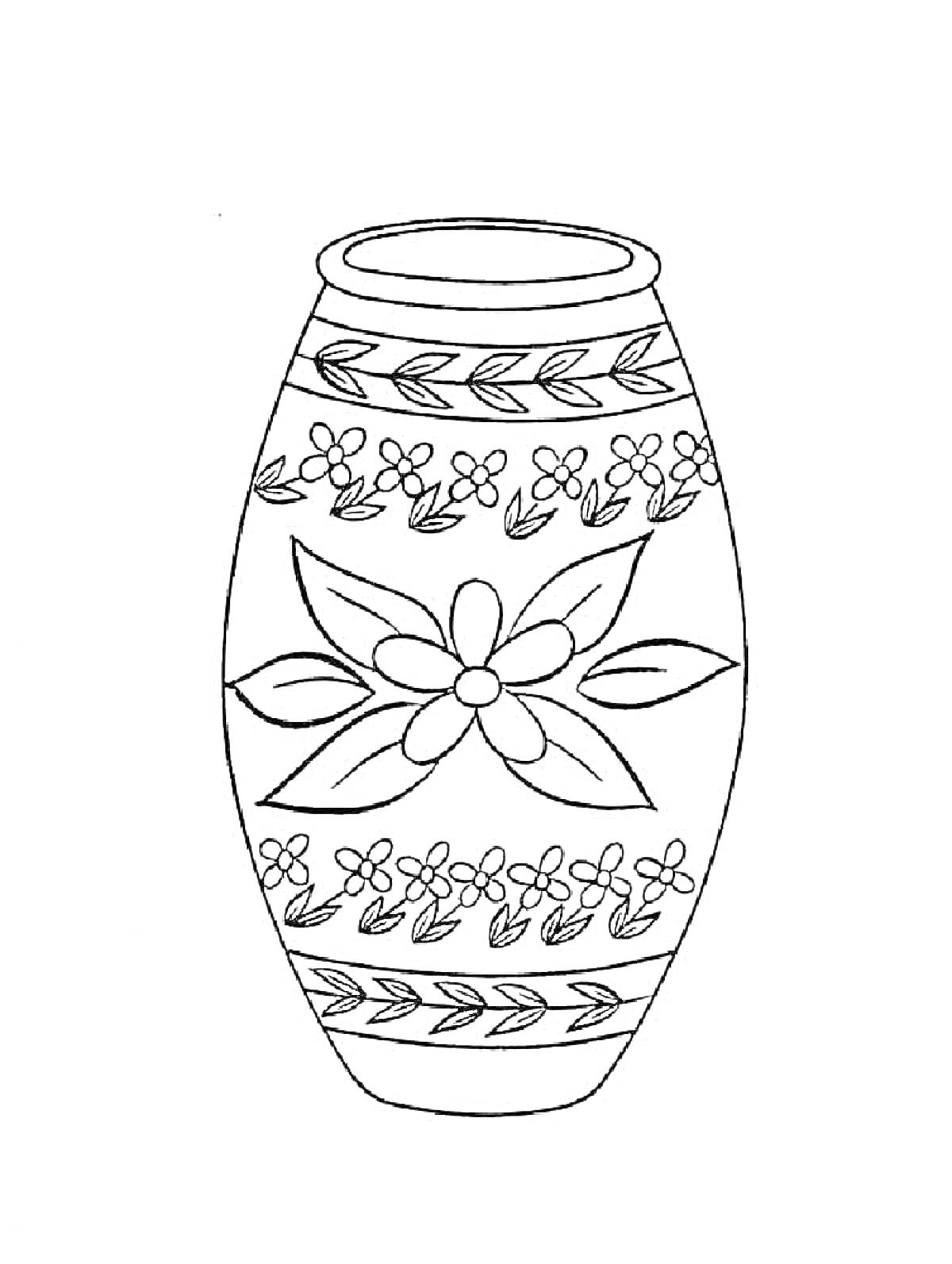 Раскраска Ваза с цветочным и листовым орнаментом.