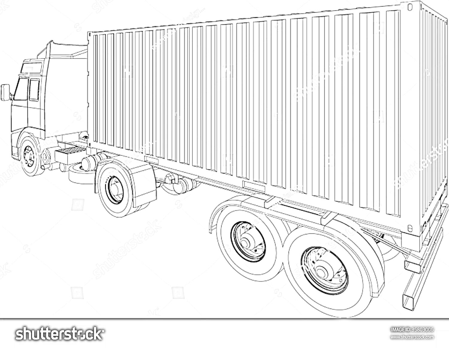 Раскраска Контейнеровоз с кабиной грузового автомобиля, колёсами и большим контейнером на задней части