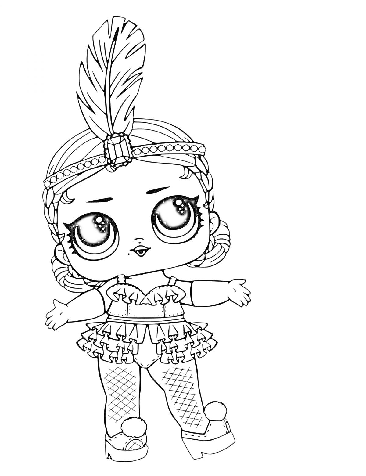 Раскраска Кукла лол с пером на голове, в юбке с рюшами и ботинках с помпонами