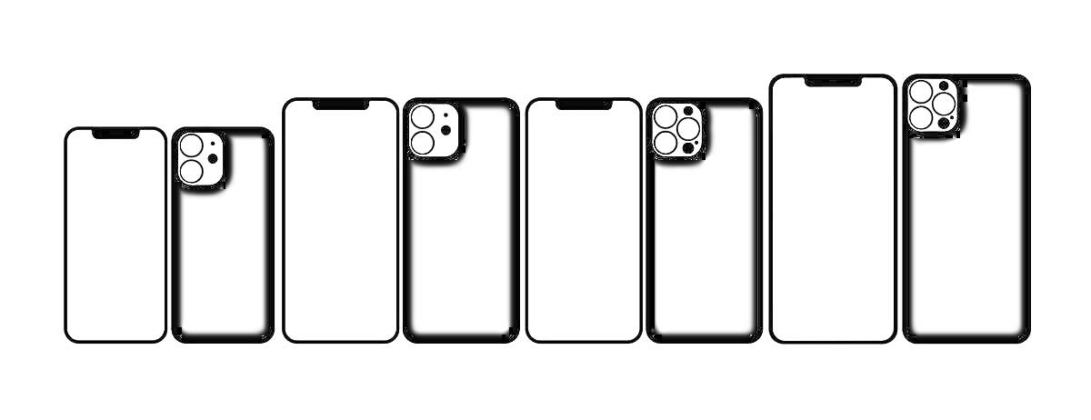 Раскраска Чёрно-белые изображения спереди и сзади семи различных моделей iPhone 14 с разным количеством объективов камер