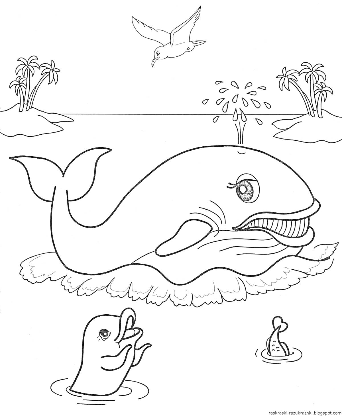 РаскраскаКит с фонтаном воды, птица, дельфин и рыба в море с островами и пальмами
